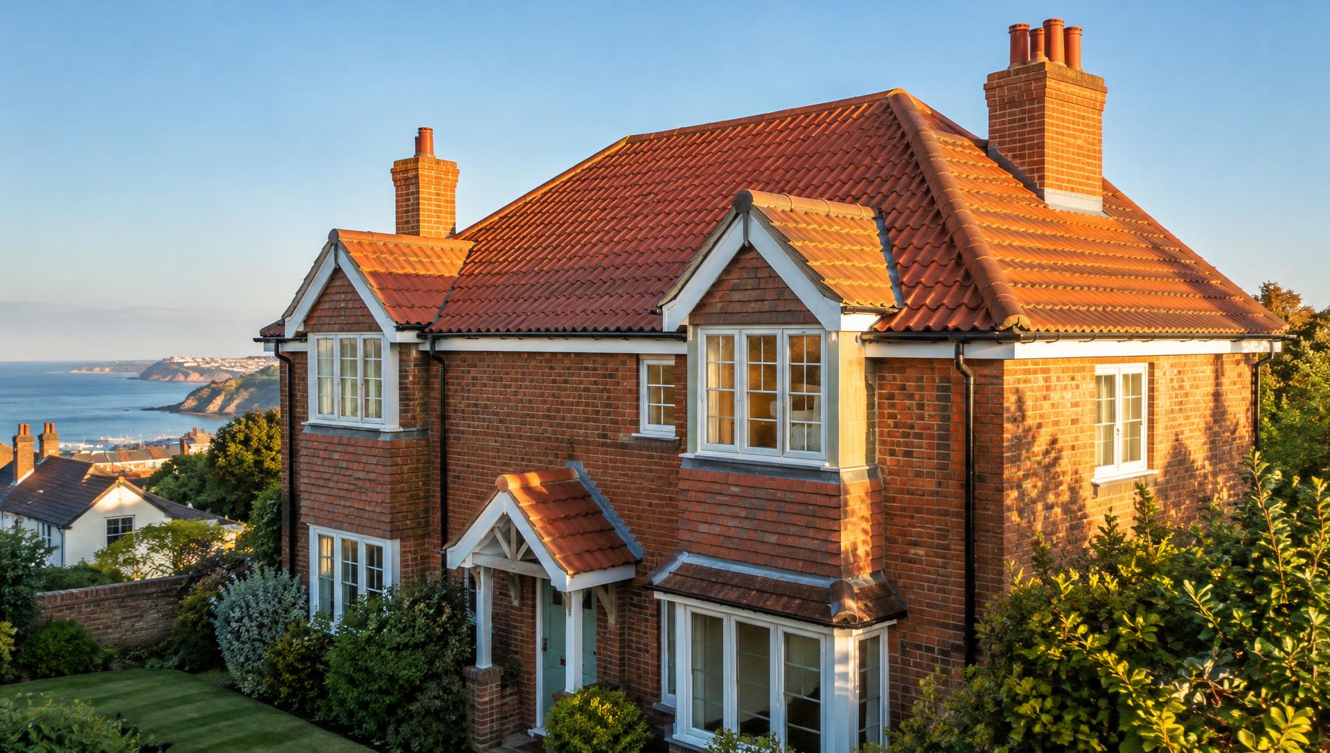 Newly installed clay-tiled roof at golden hour